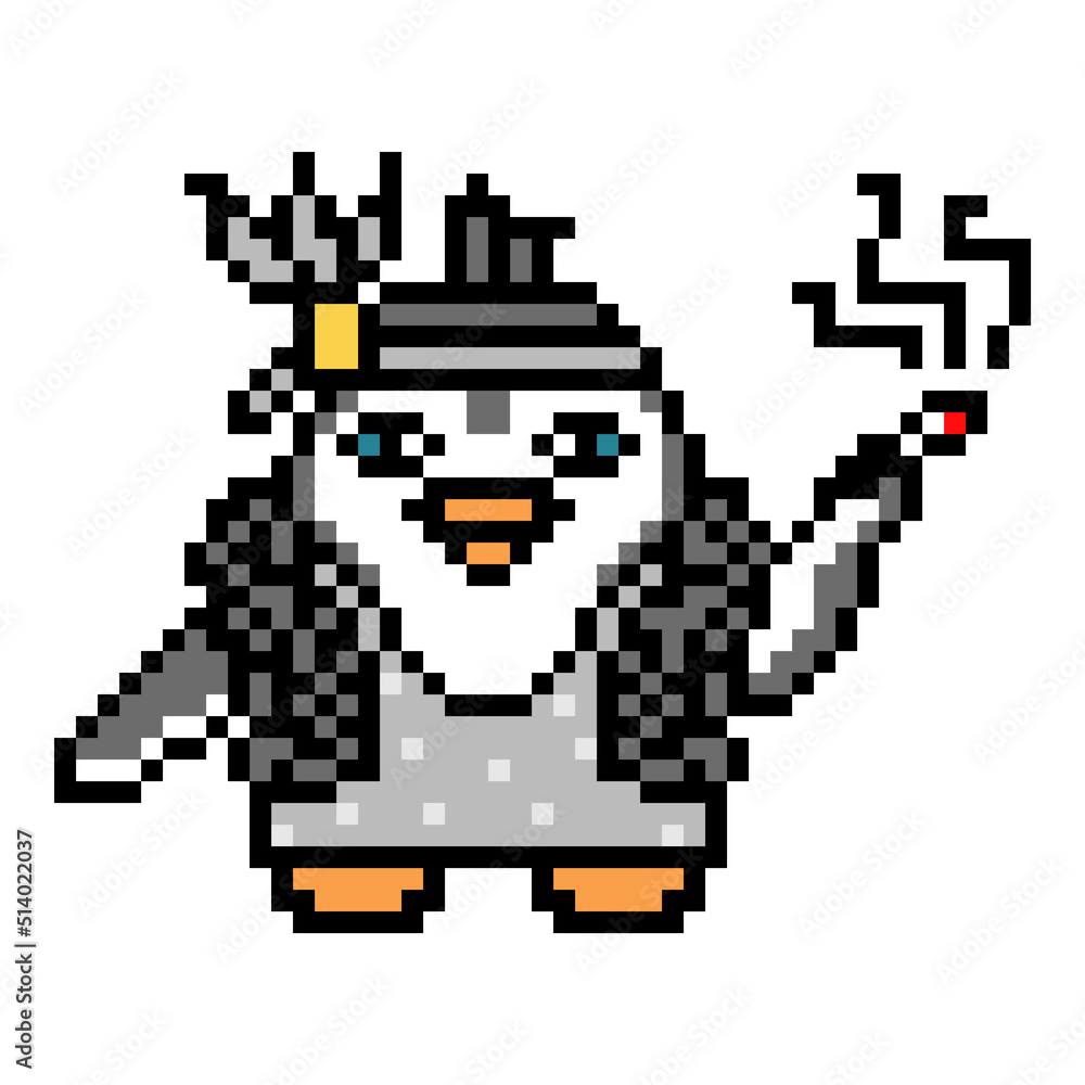 Fototapeta premium Roaring 20s silent cinema diva,8 bit pixel art penguin character on white.Flapper woman in a vintage sparkling dress, black boa, feather headband smoking cigarette in a mouthpiece.Retro film actress.