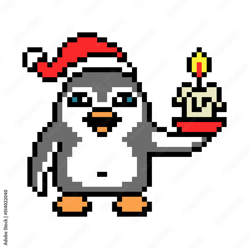 Penguin in Santa's hat holding a burning candle, pixel art animal character isolated on white background. Merry Christmas mascot. Retro 80's-90's 8 bit slot machine, video game graphics. Holiday logo. Penguin in Santa's hat holding a burning candle, pixel art animal character isolated on white background. Merry Christmas mascot. Retro 80's-90's 8 bit slot machine, video game graphics. Holiday logo.