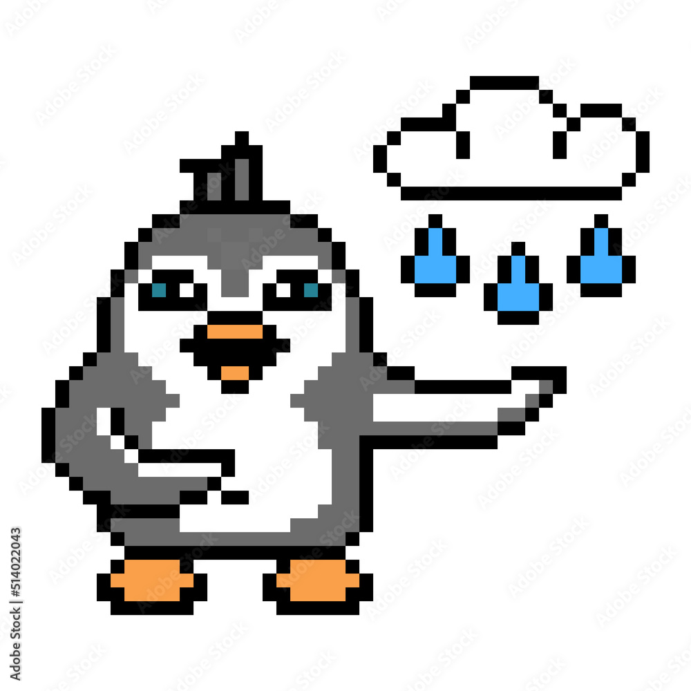 Penguin weatherman, cloudy and rainy weather forecast, pixel art animal character isolated on white background. Old school retro 80s, 90s 8 bit slot machine, video game graphics. Cartoon autumn mascot