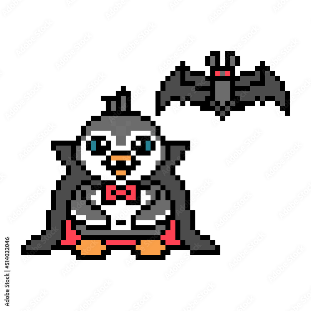 Fototapeta premium Penguin vampire in a cape and a bat, pixel art animal character isolated on white background. Old school retro 80s, 90s 8 bit slot machine, video game graphics. Cartoon Halloween mascot. Party costume
