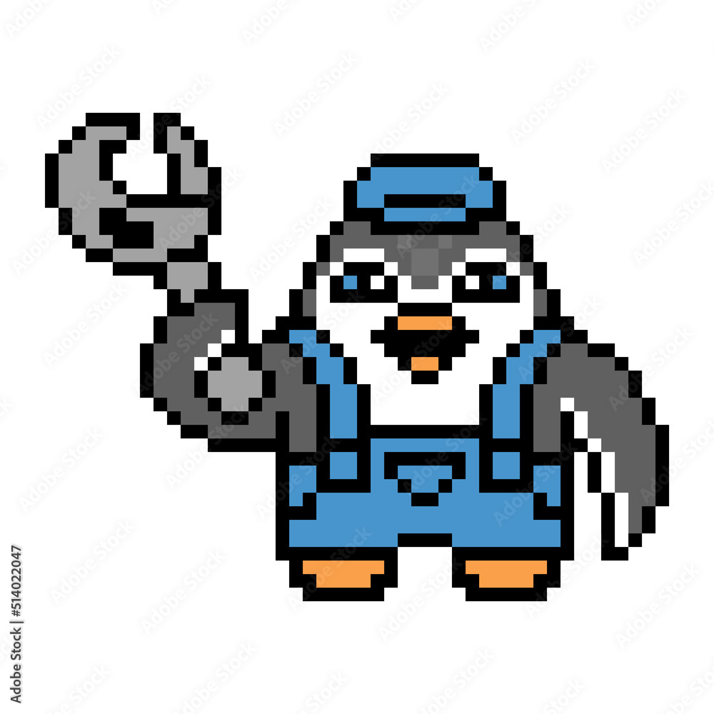 Fototapeta premium Penguin repairman in uniform with an adjustable wrench, pixel art animal character on white background. Old school retro 80s, 90s 8 bit slot machine, video game graphics. Cartoon repair service mascot