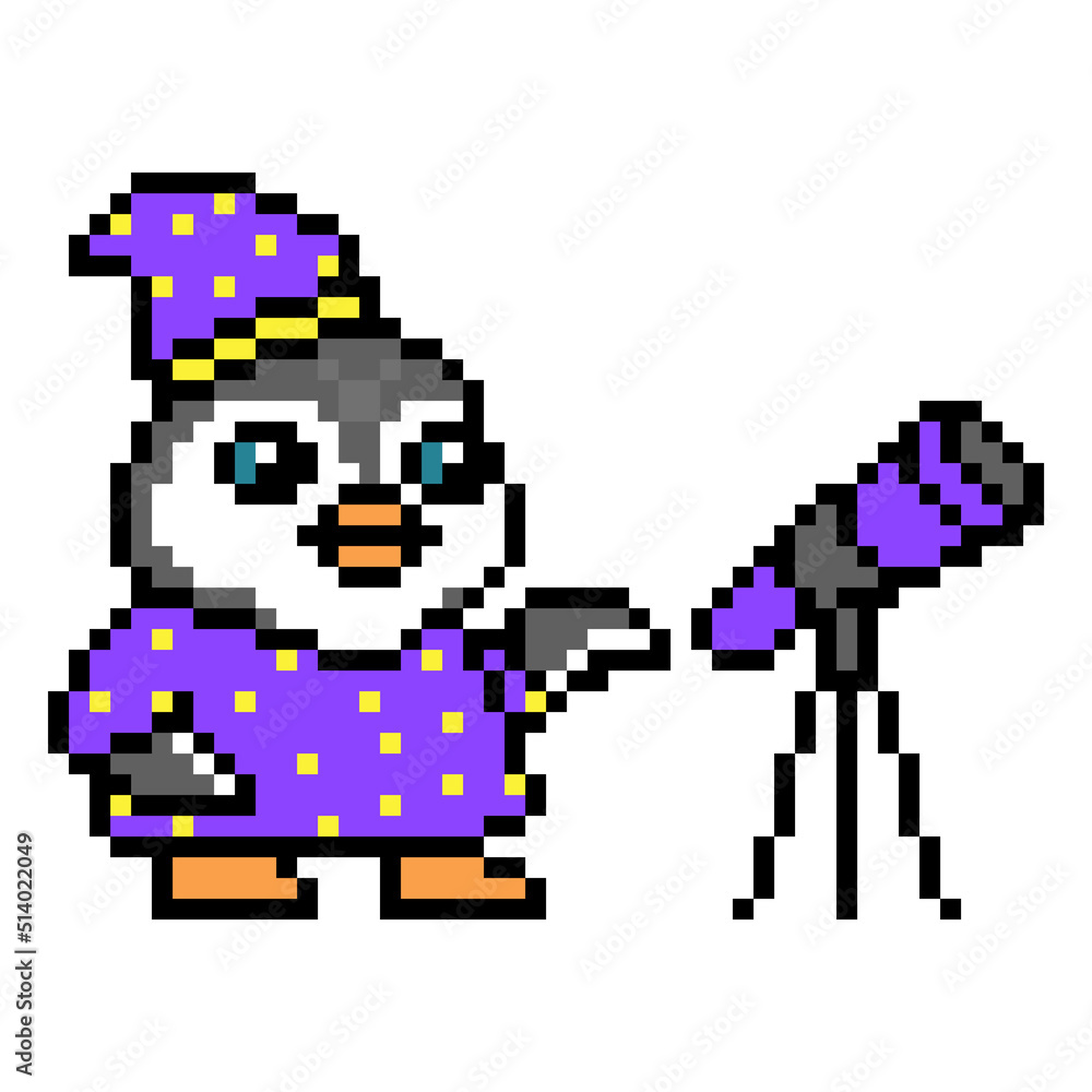 Fototapeta premium Penguin astronomer in a mantle and cap with a telescope, pixel art animal character on white. Old school retro 80s, 90s 8 bit slot machine, video game graphics. Cartoon science mascot. Astronomy logo.