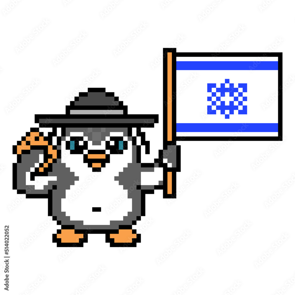 Fototapeta premium Penguin in a rabbi hat with a flag of Israel and matzah, pixel art animal character isolated on white background. Old school retro 80s, 90s 8 bit slot machine, video game graphics. Cartoon mascot.