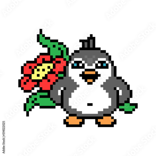 Penguin hiding a big red flower behind his back, pixel art animal character on white. Retro 80s, 90s 8 bit slot machine, video game graphics. Flower delivery courier. Surprise bouquet. Floral gift. © Ksenia