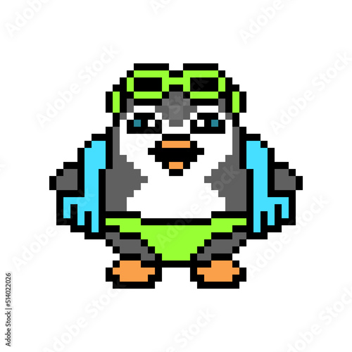 Penguin in swim briefs and goggles with a towel, cute pixel art animal character isolated on white background. Old school 80s, 90s 8 bit slot machine, video game graphics. Water sport training mascot.