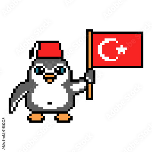 Penguin in a fez (turkish hat) with a Turkey flag, pixel art animal character isolated on white background. Old school retro 80s, 90s 8 bit slot machine, computer, video game graphics. Cartoon mascot.