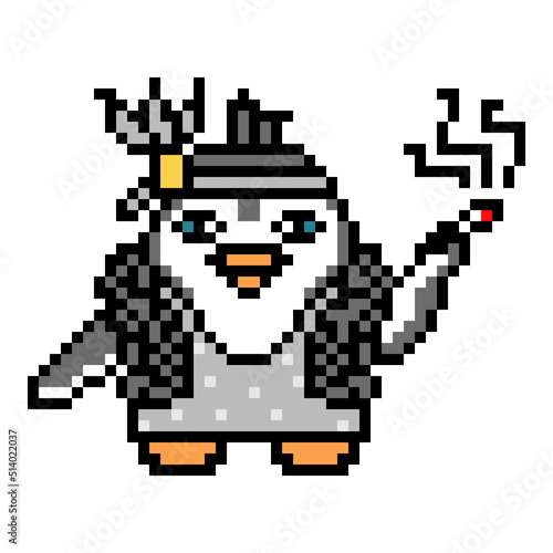 Roaring 20s silent cinema diva,8 bit pixel art penguin character on white.Flapper woman in a vintage sparkling dress, black boa, feather headband smoking cigarette in a mouthpiece.Retro film actress.