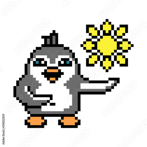 Penguin weatherman, hot sunny weather forecast, pixel art animal character isolated on white background. Old school retro 80s, 90s 8 bit slot machine, video game graphics. Cartoon summer mascot.