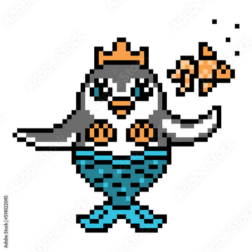 Penguin mermaid in a crown playing with a pet fish, pixel art animal character on white. Vintage retro 80s-90s 8 bit slot machine, video game graphics. Cartoon water nymph mascot. Princess undine logo