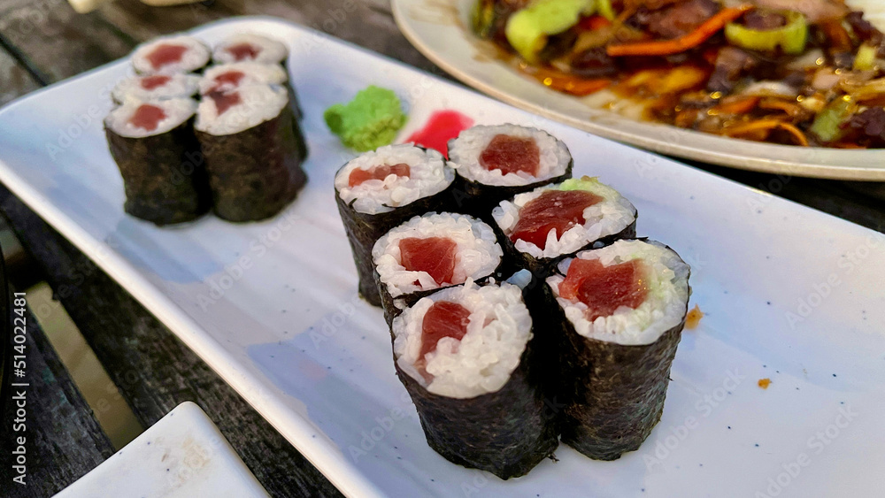 Fresh tuna maki with wasabi on the side Fresh tuna maki with wasabi on the side