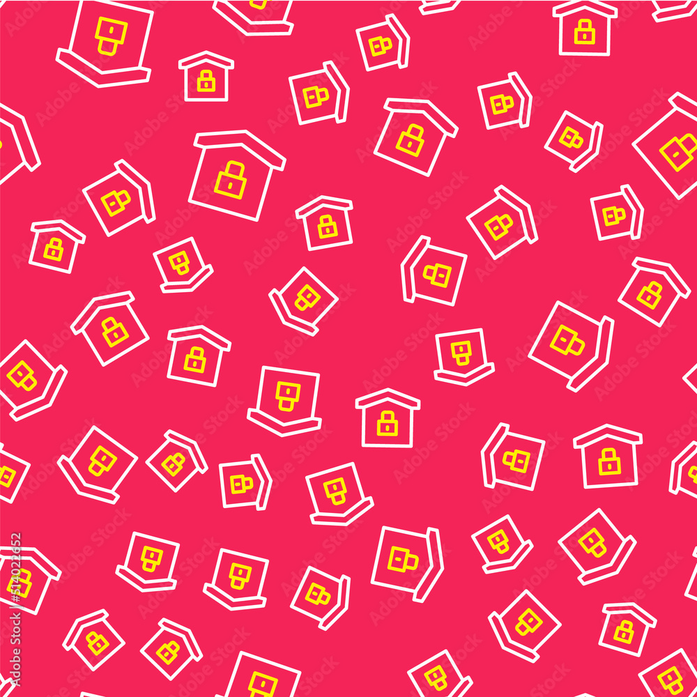 Line House under protection icon isolated seamless pattern on red background. Home and lock. Protection, safety, security, protect, defense concept. Vector Line House under protection icon isolated seamless pattern on red background. Home and lock. Protection, safety, security, protect, defense concept. Vector