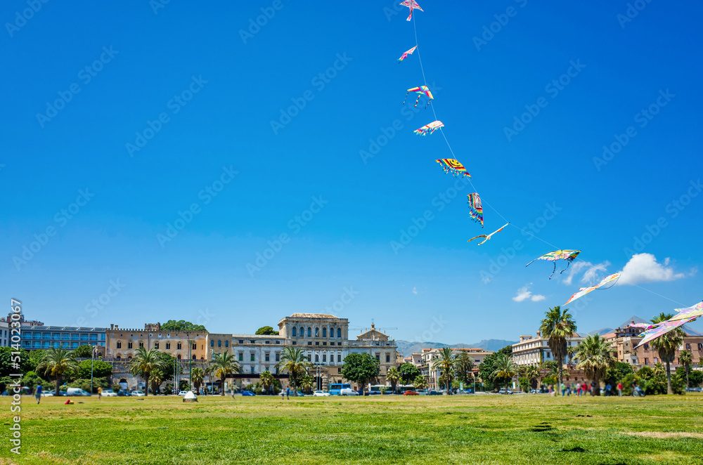 Palermo, Sicily - July 29, 2016: Colorful kites in the sky