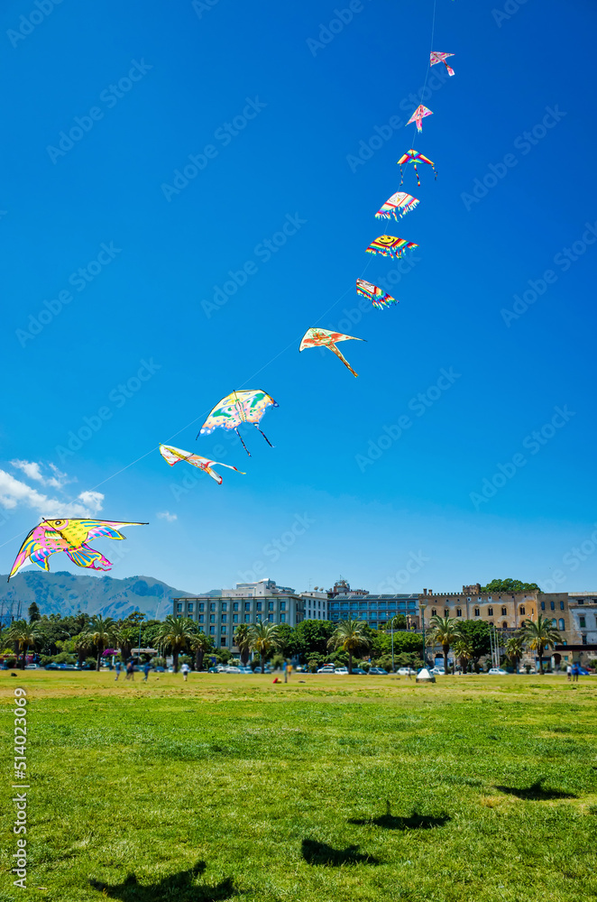 Palermo, Sicily - July 29, 2016: Colorful kites in the sky