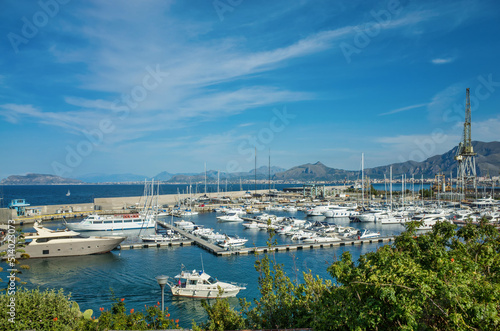 Obraz na płótnie Palermo, Sicily - July 29, 2016: Small port with fishing boats in the center of Mondello w salonie