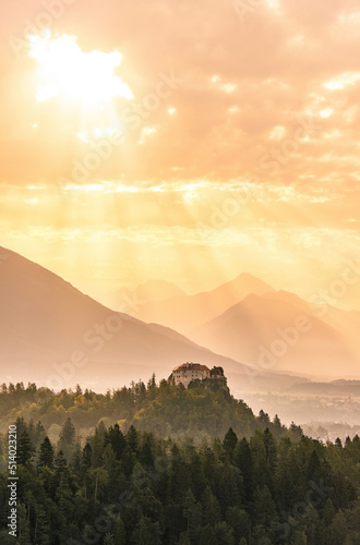 Epic sunrise over the castle at lake Bled in Slovenia