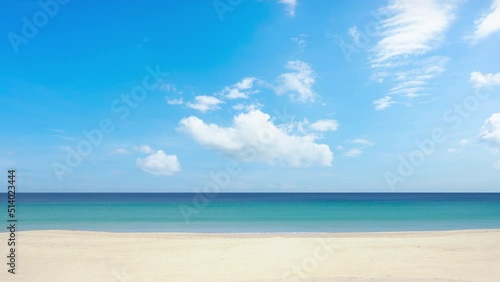 Landscape video Tropical beach sea blue sky background Low angle view camera on tripod stand. Beach sea beautiful in nature At Phuket Thailand Nature and travel concept. photo