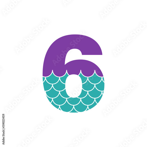 Mermaid birthday number 6. Clipart image isolated on white background