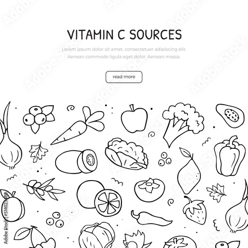 Hand drawn doodle set of vitamin C sources. Horizontal banner template. Vector black and white outline.