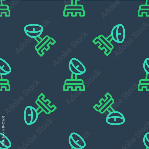 Line Radar icon isolated seamless pattern on blue background. Search system. Satellite sign. Vector