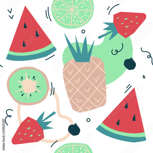 Summer fruits and berries. Seamless pattern. Kiwi, lime, watermelon, pineapple. Vector image.