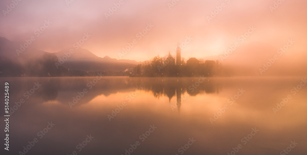 Beautiful autumn mist in the morning at Lake Bled.