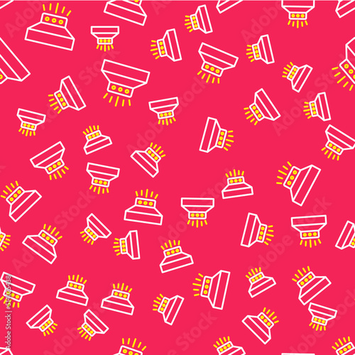 Line Fire sprinkler system icon isolated seamless pattern on red background. Sprinkler, fire extinguisher solid icon. Vector