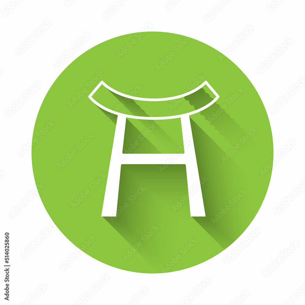 White Japan Gate icon isolated with long shadow. Torii gate sign. Japanese traditional classic gate symbol. Green circle button. Vector White Japan Gate icon isolated with long shadow. Torii gate sign. Japanese traditional classic gate symbol. Green circle button. Vector