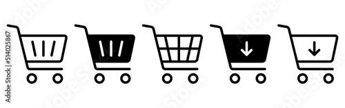 Shopping cart icons. Trolley, basket. Sale and buy, add to shopping cart symbol. Online buying. Vector illustration. 