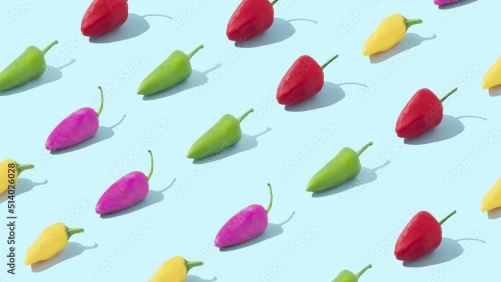 Creative pattern of chili green, red, yellow and purple peppers Autumn food concept on pastel blue background. 4K Video loop. Creative pattern of chili green, red, yellow and purple peppers Autumn food concept on pastel blue background. 4K Video loop.