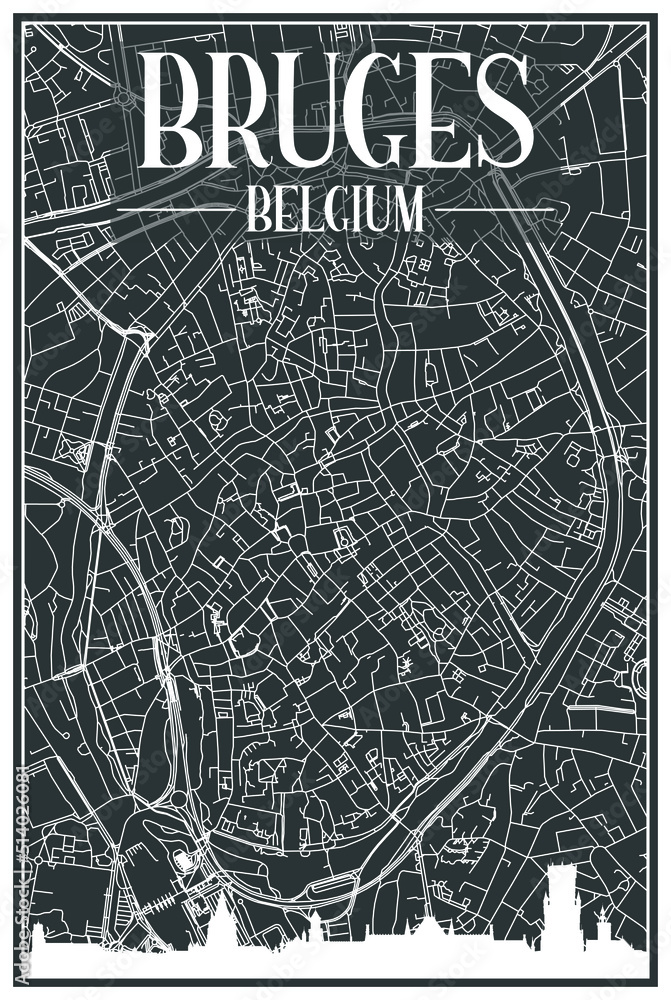 Obraz premium Dark printout city poster with panoramic skyline and hand-drawn streets network on dark gray background of the downtown BRUGES, BELGIUM