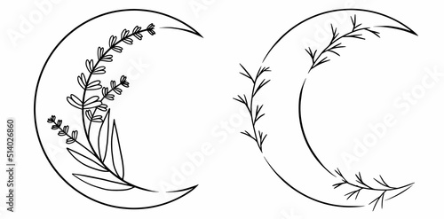 Two moons with leaves, flowers