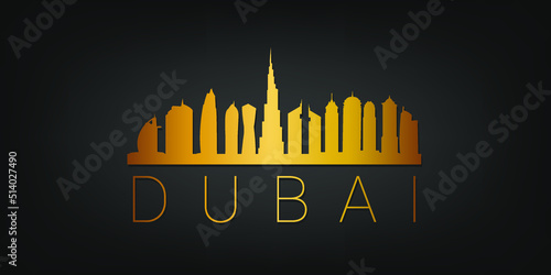 Dubai - United Arab Emirates Gold Skyline City Silhouette Vector. Golden Design Luxury Style Icon Symbols. Travel and Tourism Famous Buildings.