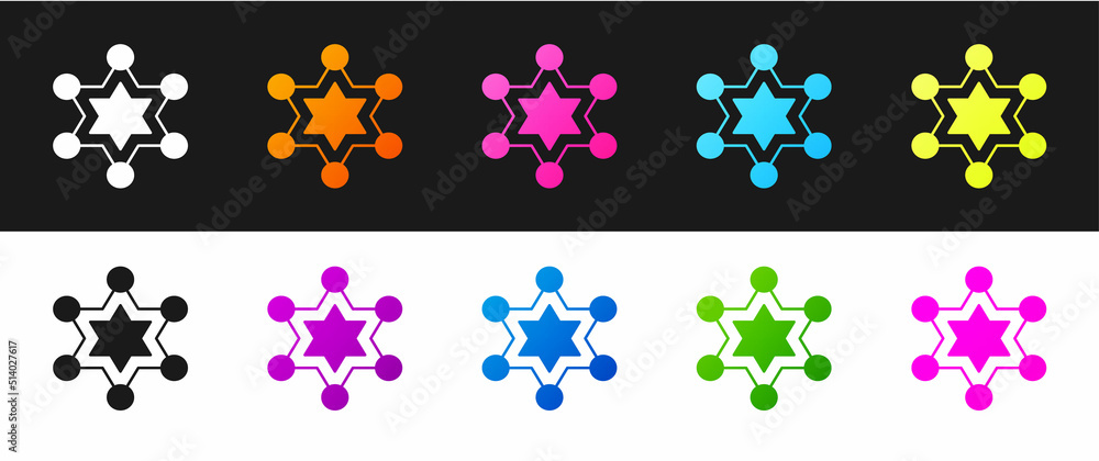 Set Hexagram sheriff icon isolated on black and white background. Police badge icon. Vector Set Hexagram sheriff icon isolated on black and white background. Police badge icon. Vector