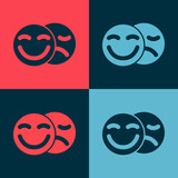 Pop art Comedy and tragedy theatrical masks icon isolated on color background. Vector