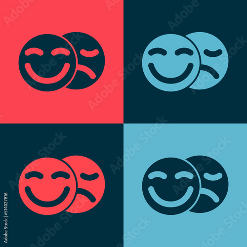 Pop art Comedy and tragedy theatrical masks icon isolated on color background. Vector