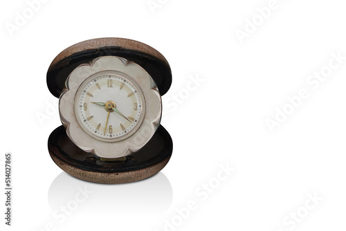 front view antique alarm clock in a brown leather circle box on white background, gift, old, ancient, modern, vintage, decor, copy space