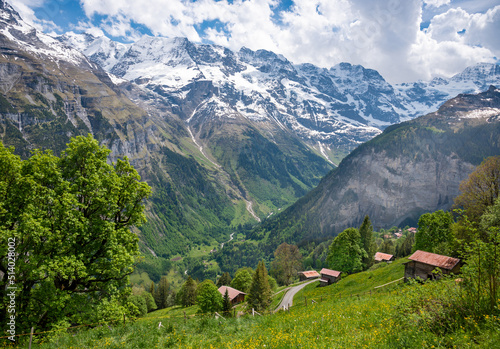 Landscape of  Lauterbrunnen valley with view on Eiger  in Swiss Alps, Switzerland.  Hiking trail from Murren to Gimmelwald. photo