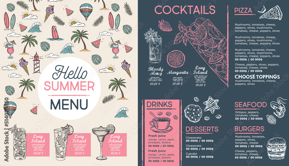 Summer menu, template design. Food flyer. Hand-drawn style. Vector illustration.	
