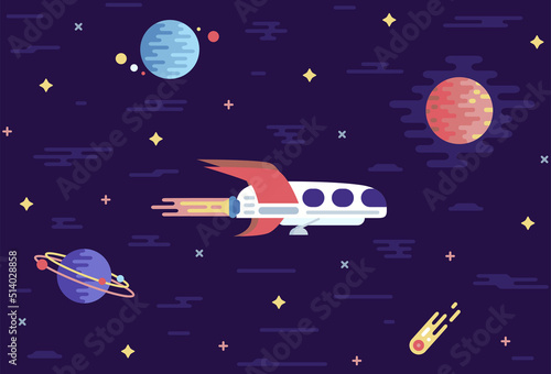 Vector illustration in flat cartoon stile -Spaceship flies in space
