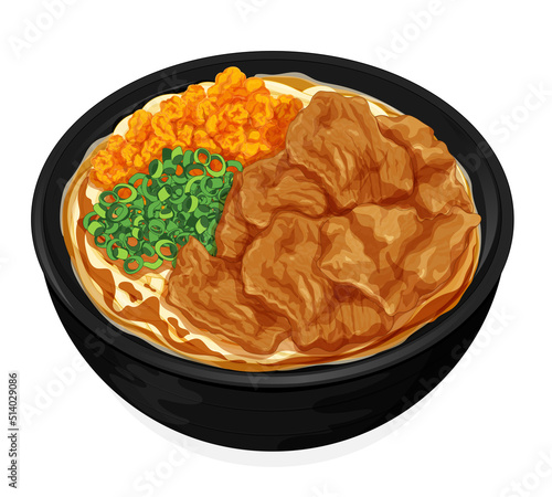 Traditional japanese abura udon noodle bowl with beef, tempura bits, and onion spring roll. Japanese niku udon noodles isolated on white background illustration vector.