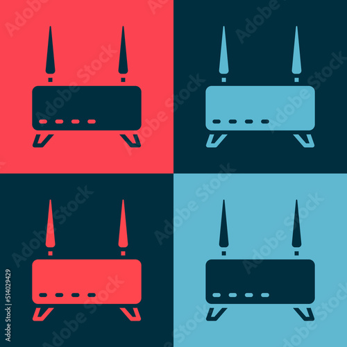 Pop art Router and wi-fi signal icon isolated on color background. Wireless ethernet modem router. Computer technology internet. Vector