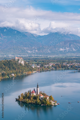 Lake Bled with the church on the island and castle on the hill in autumn time.