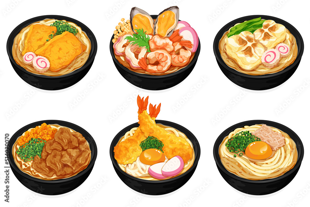 Variety japanese udon noodles soup set collection illustration vector. (Kitsune tofu, Seafood