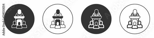 Black Auction auctioneer sells icon isolated on white background. Auction business, bid and sale. Circle button. Vector