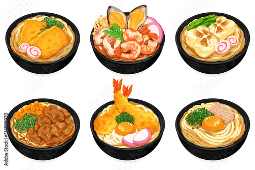 Variety japanese udon noodles soup set collection illustration vector. (Kitsune tofu, Seafood noodles, Chikara rice cake, Abura ramen, tempura udon, Original udon). Asian noodle bowl isolated set menu