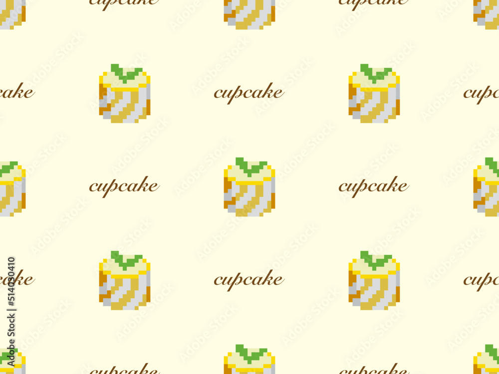 Cup cake cartoon character seamless pattern on yellow background. Pixel style