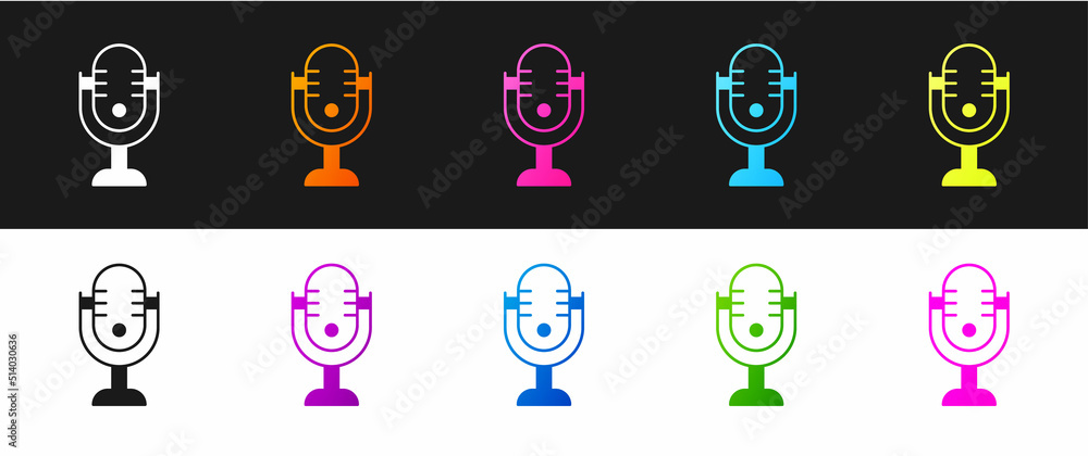 Set Microphone icon isolated on black and white background. On air radio mic microphone. Speaker sign. Vector Set Microphone icon isolated on black and white background. On air radio mic microphone. Speaker sign. Vector