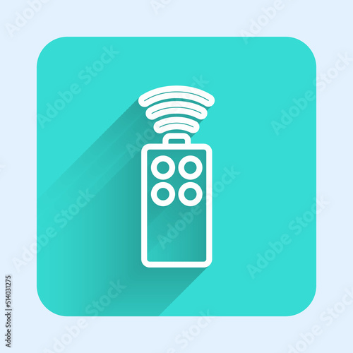 White line Remote control for the camera icon isolated with long shadow. An auxiliary device that allows you to work with a camera from a distance. Green square button. Vector