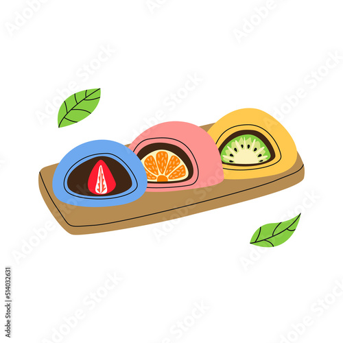 Traditional japanese Daifuku Mochi dessert with kiwi, chocolate, orange, strawberry flavors. Asian sweet food. Rice fruit dessert on wood plates with leaves. Hand drawn flat vector illustration