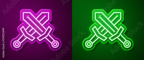 Glowing neon line Crossed medieval sword icon isolated on purple and green background. Medieval weapon. Vector